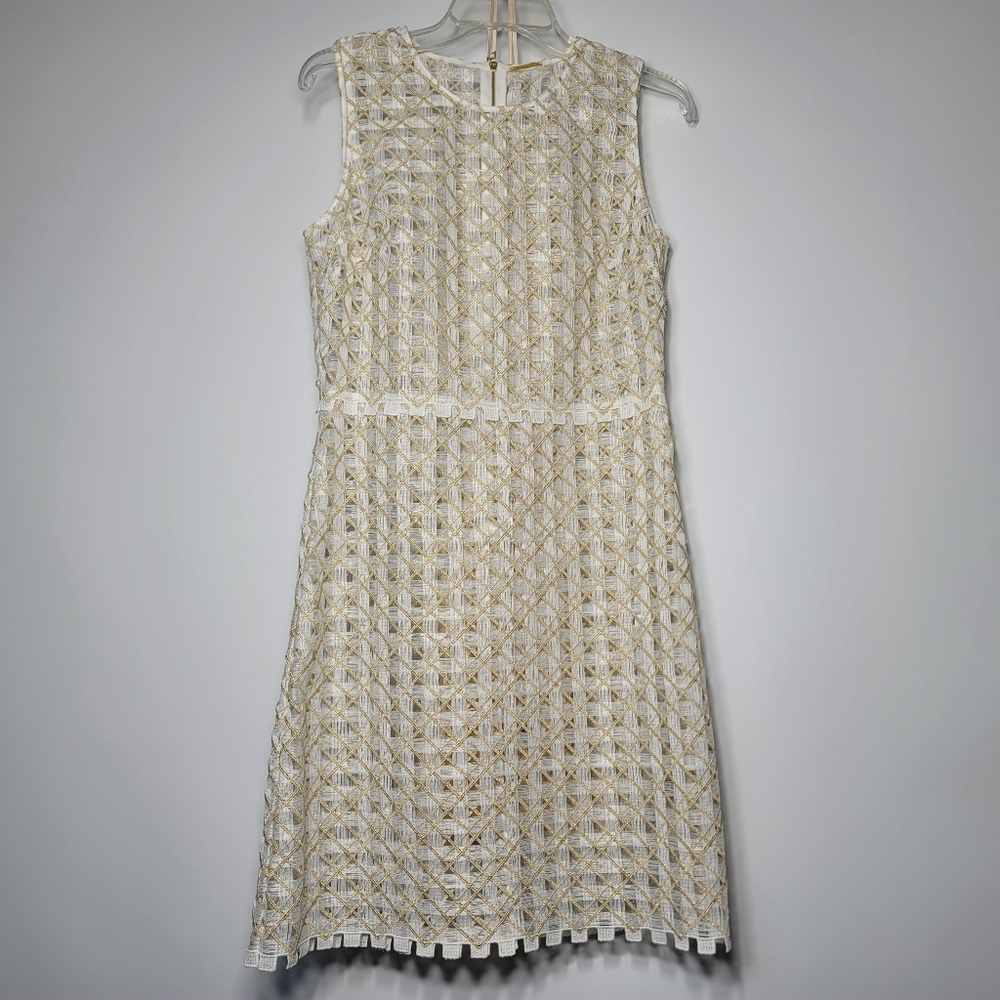 𝅺Elie Tahari Rosaleen Embroidered Sheath Dress Metallic Gold Size 6